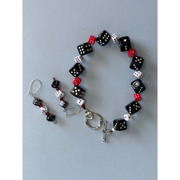 Dice-Themed Bracelet & Earrings Set With Toggle Clasp & Drop Earrings In Black W - Picture 6 of 8